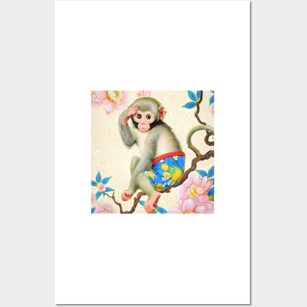 Chinoiserie monkey on magnolia tree Wall Art by SophieClimaArt